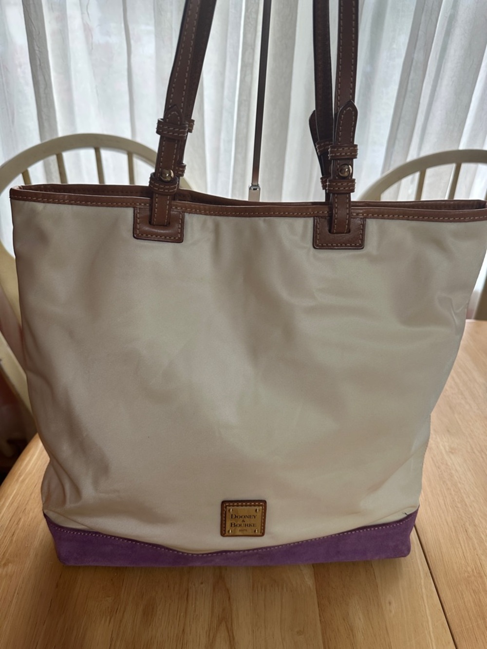 Dooney & Bourke Cream Tote with Purple Base and Brown Trim